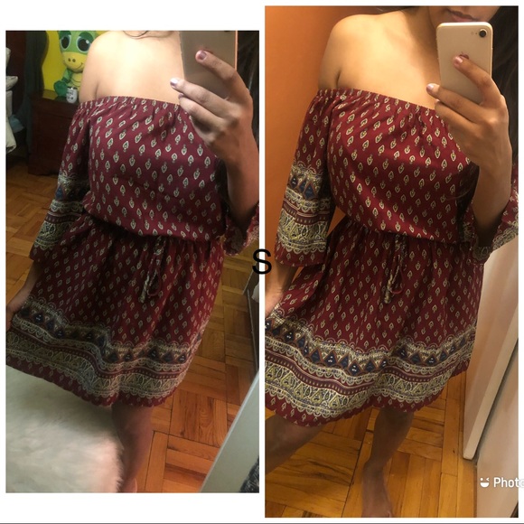 Burgundy off the shoulder boho print mini dress small - Picture 2 of 2